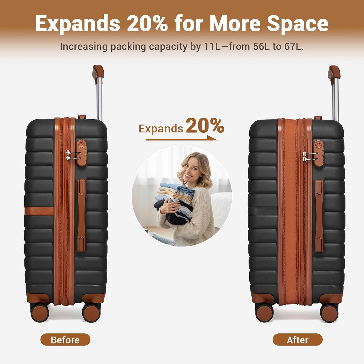 Kono Equipaje de viaje rígido expandible con ruedas giratorias, lig...