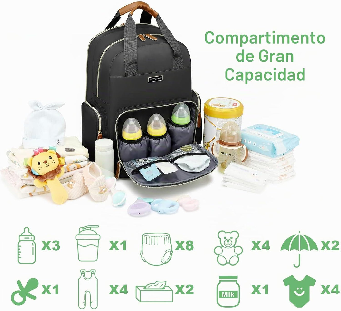 WITSTEP Mochila para pañales con cambiador, organizador de bolsas d...