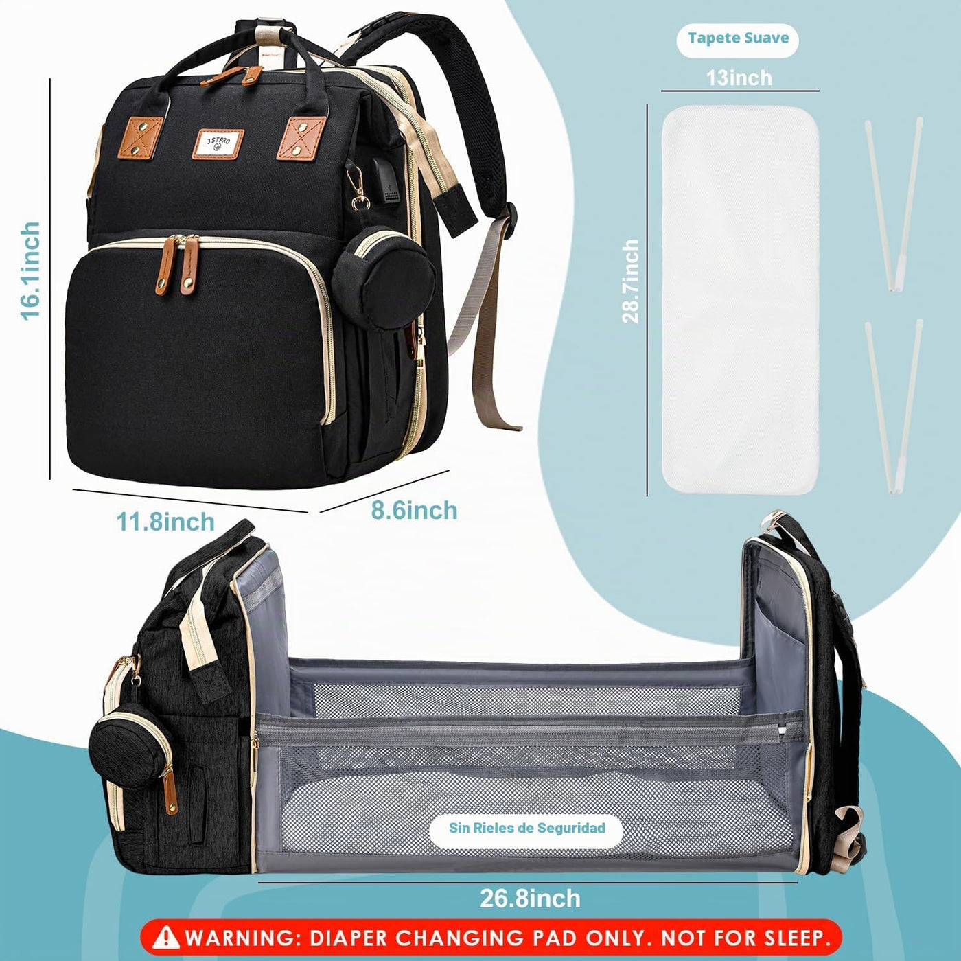 JSTPRO Mochila para pañales con cambiador, capacidad de 25 litros,...