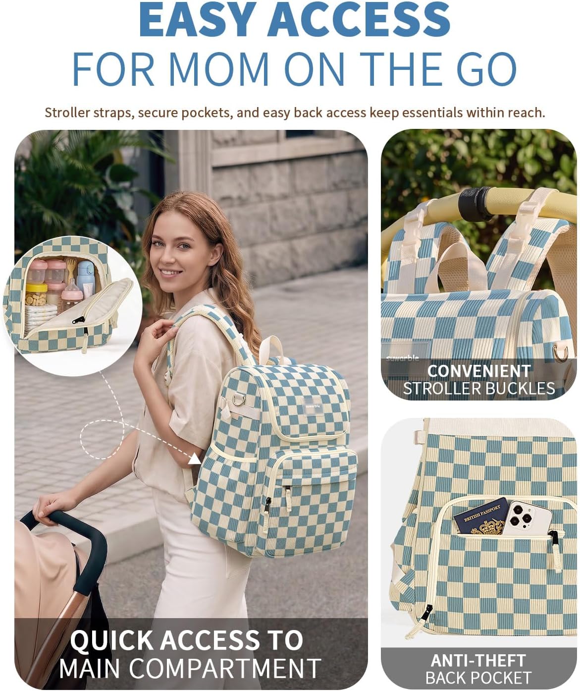 suwarble Mochila grande de pana para pañales para mamá, bolsa de vi...