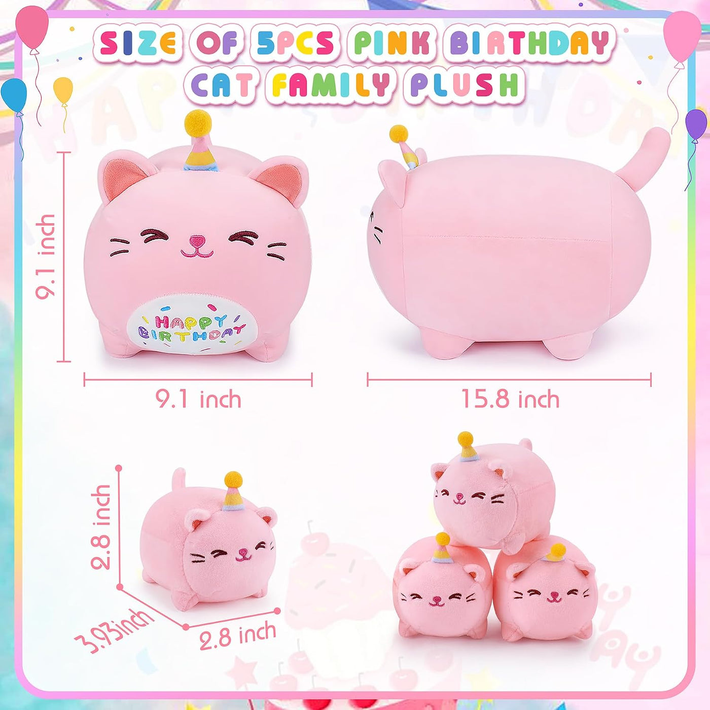 Peluche de Gato Rosa de Cumpleaños, 5 Piezas Familia de Animales de...