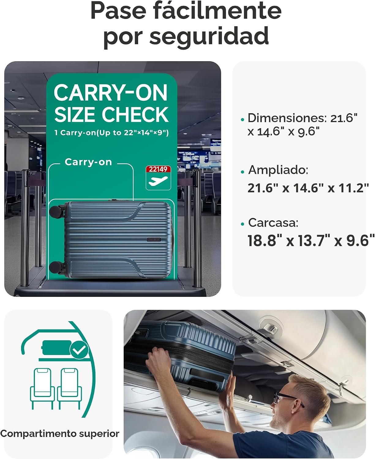 BAGSMART - Maleta de mano 22 x 14 x 9 aprobada por aerolínea, malet...