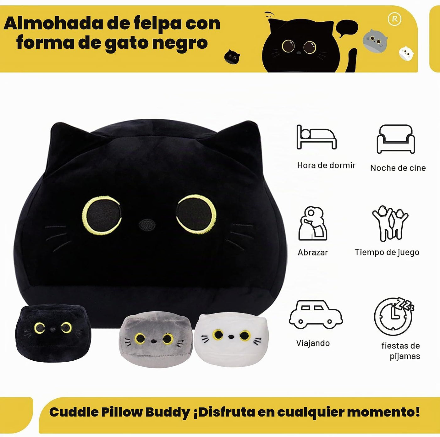 WeBingo Juego de 4 piezas de peluche de gato negro, almohada de pel...