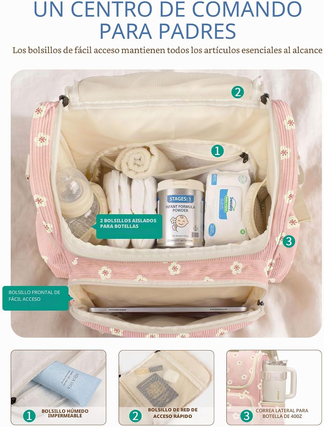 suwarble Mochila grande de pana para pañales para mamá, mochila de...