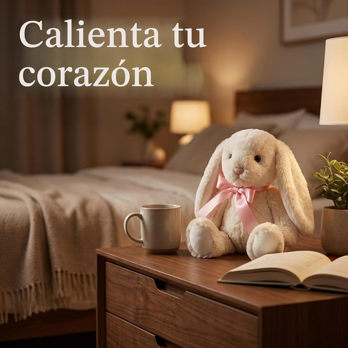 okegztoa Peluche de conejo color crema con lazo de cinta rosa y ore...