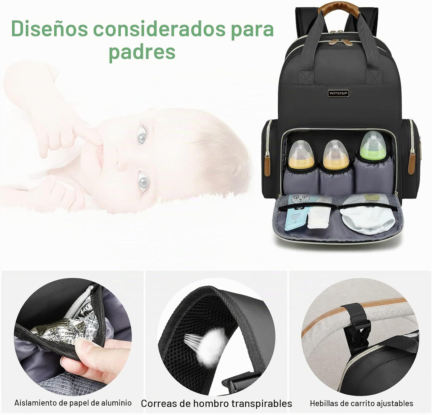 WITSTEP Mochila para pañales con cambiador, organizador de bolsas d...