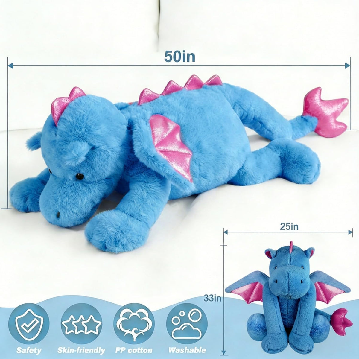 ARELUX Peluche de dragón grande, bonito peluche de pterosaurio azul...