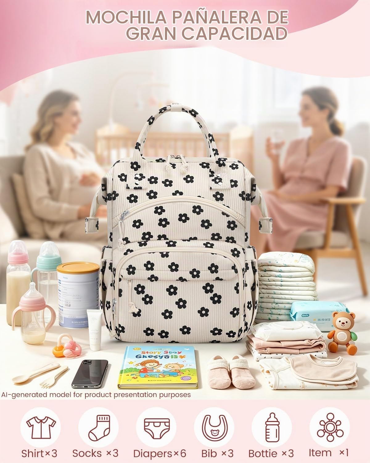 Pritent Mochila para pañales de gran capacidad para mamá, bolsa de...