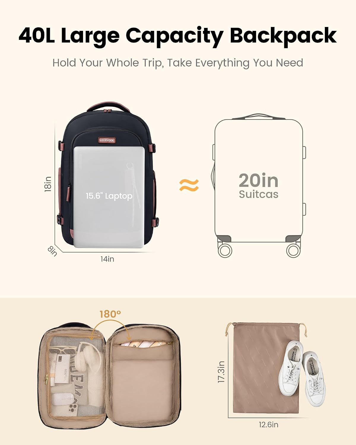 LOVEVOOK Mochila de viaje de 40L para hombres y mujeres, equipaje d...