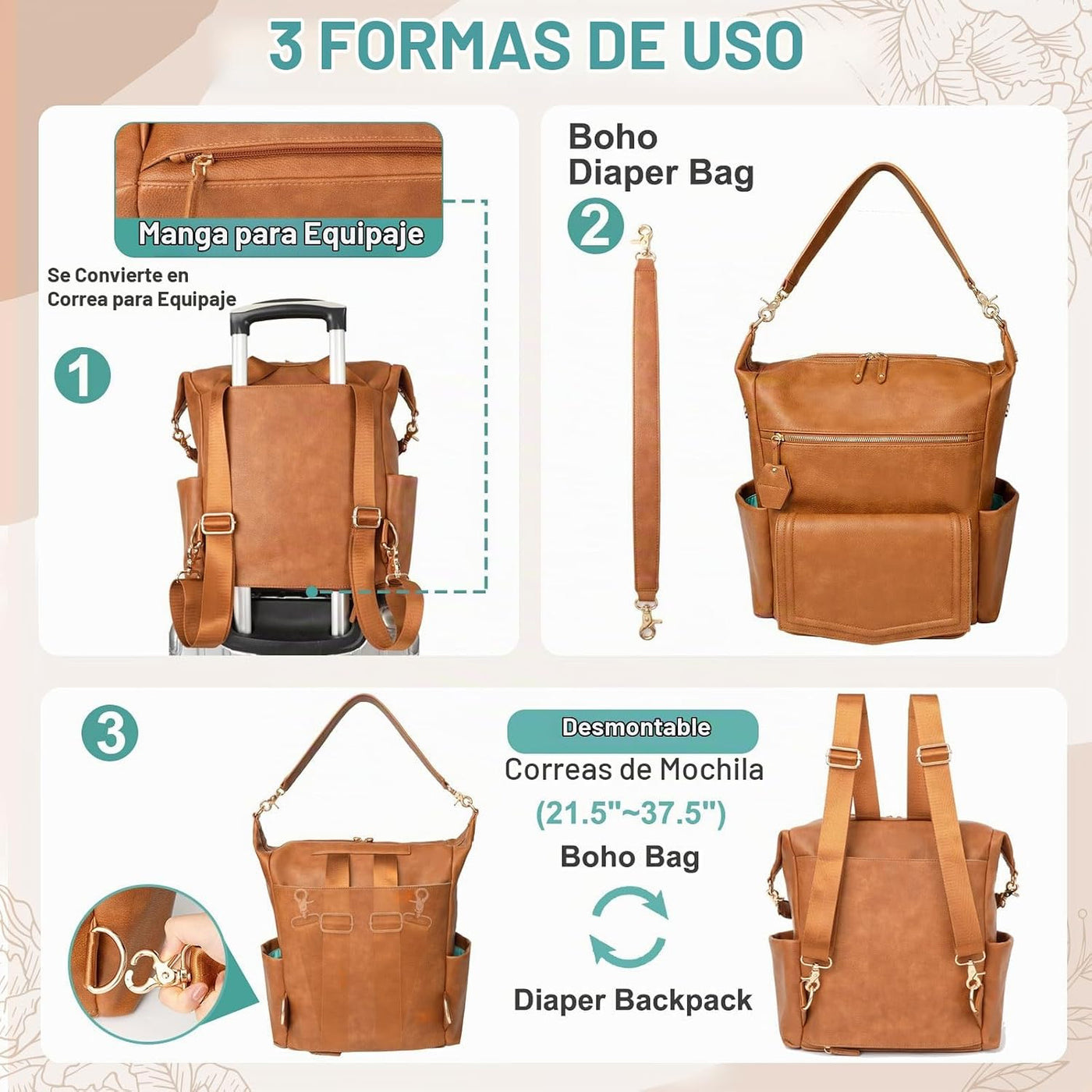 MOMINSIDE - Mochila de cuero convertible para pañales de bebé, bols...