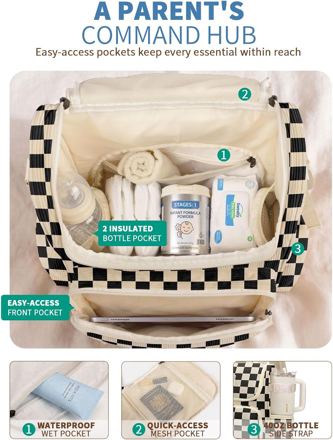suwarble Mochila grande de pana para pañales para mamá, mochila de...