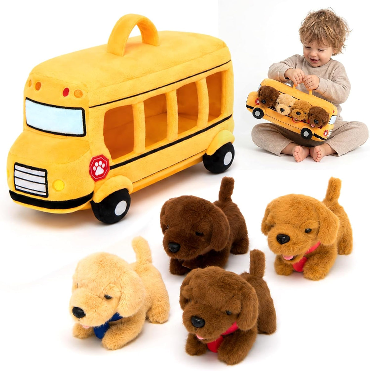 OUOZZZ Juego de animales de peluche para perros con autobús escolar...
