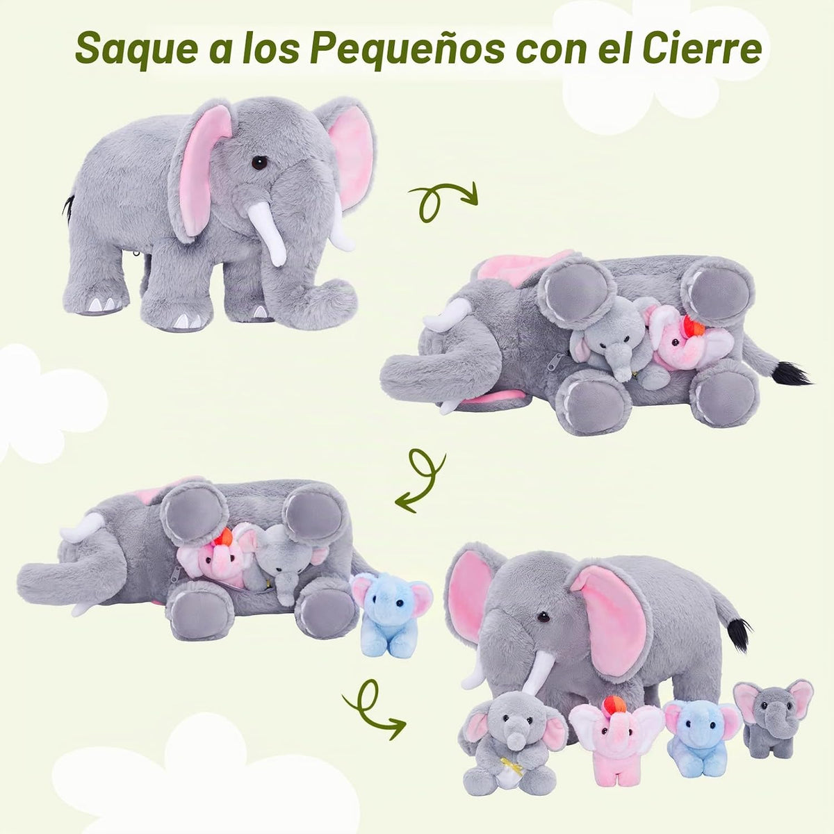 OUOZZZ Animal de peluche de elefante con 4 elefantes bebés, juego d...