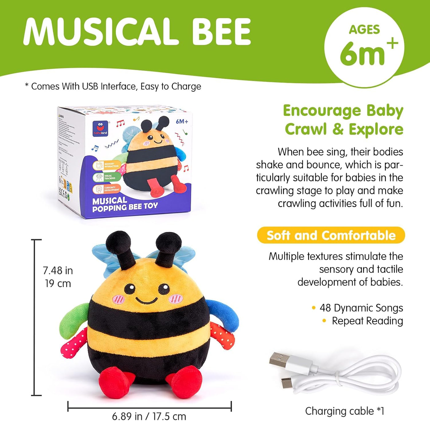 hahaland Juguete musical que rebota la abeja de la felpa que rebota...