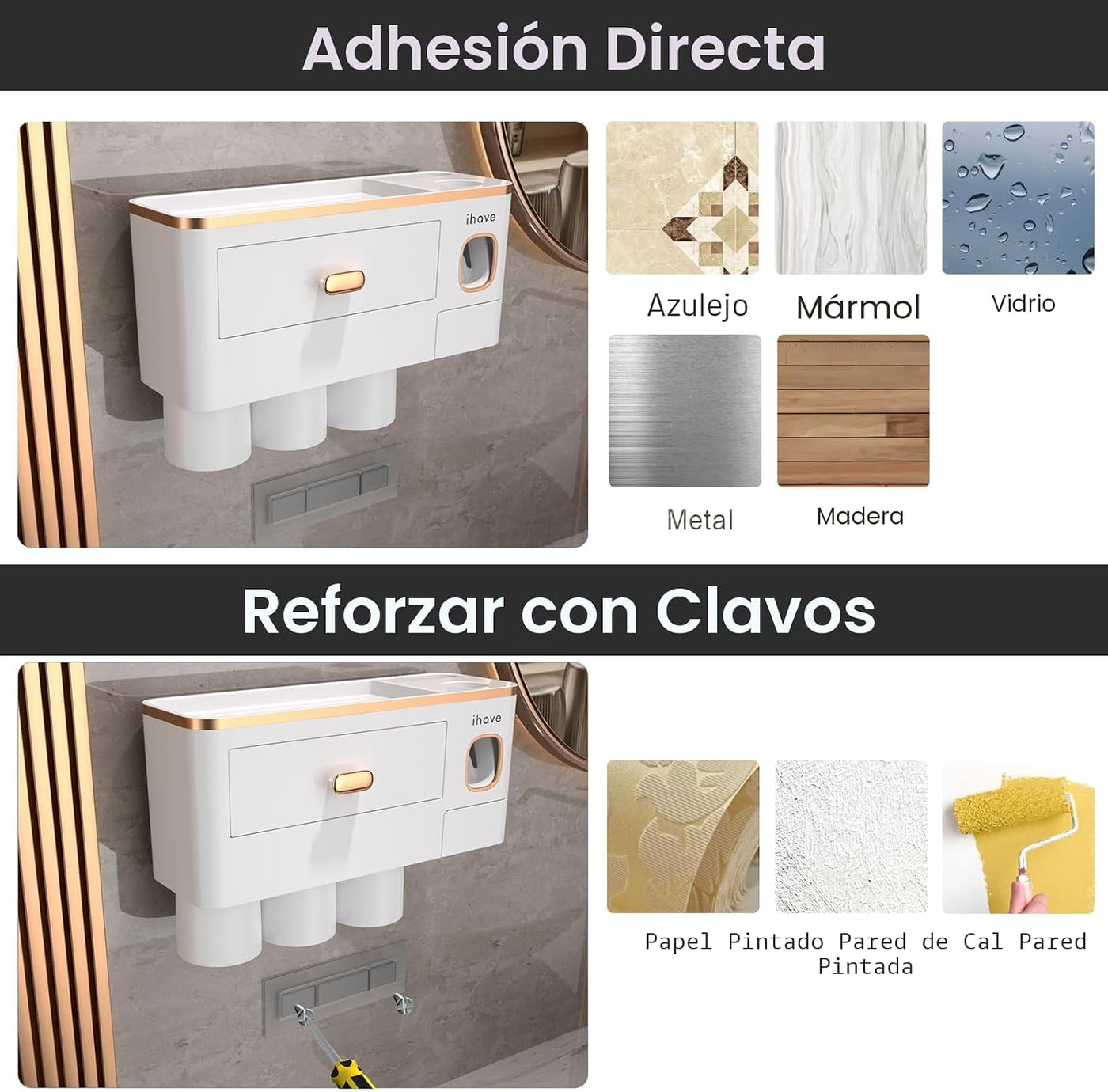 iHave Portacepillos de dientes para baños y dispensador de pasta de...