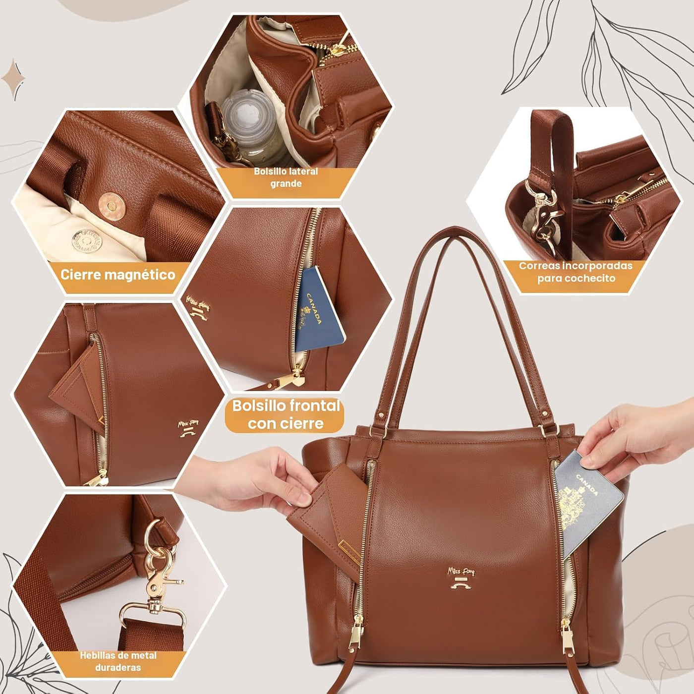 miss fong Bolso de pañales tipo mochila de cuero, bolso grande para...