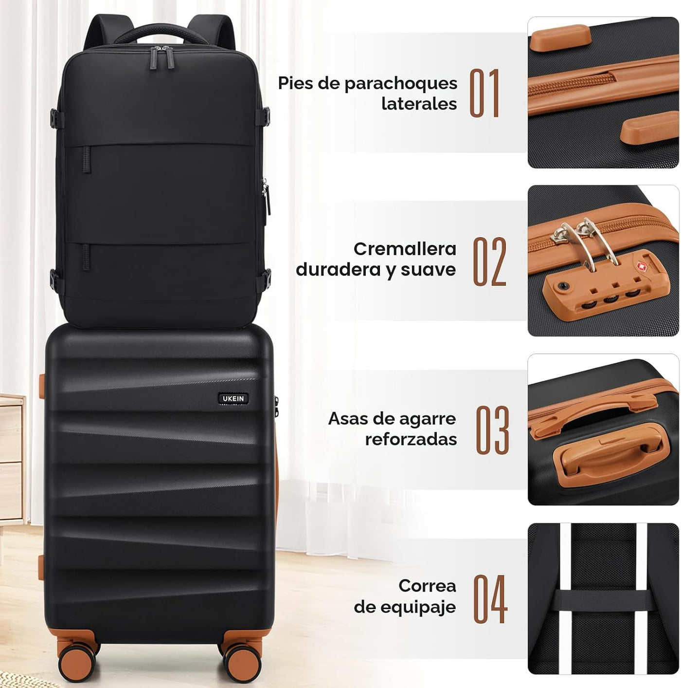 UKEIN Juego de equipaje con mochila, equipaje de mano rígido aproba...