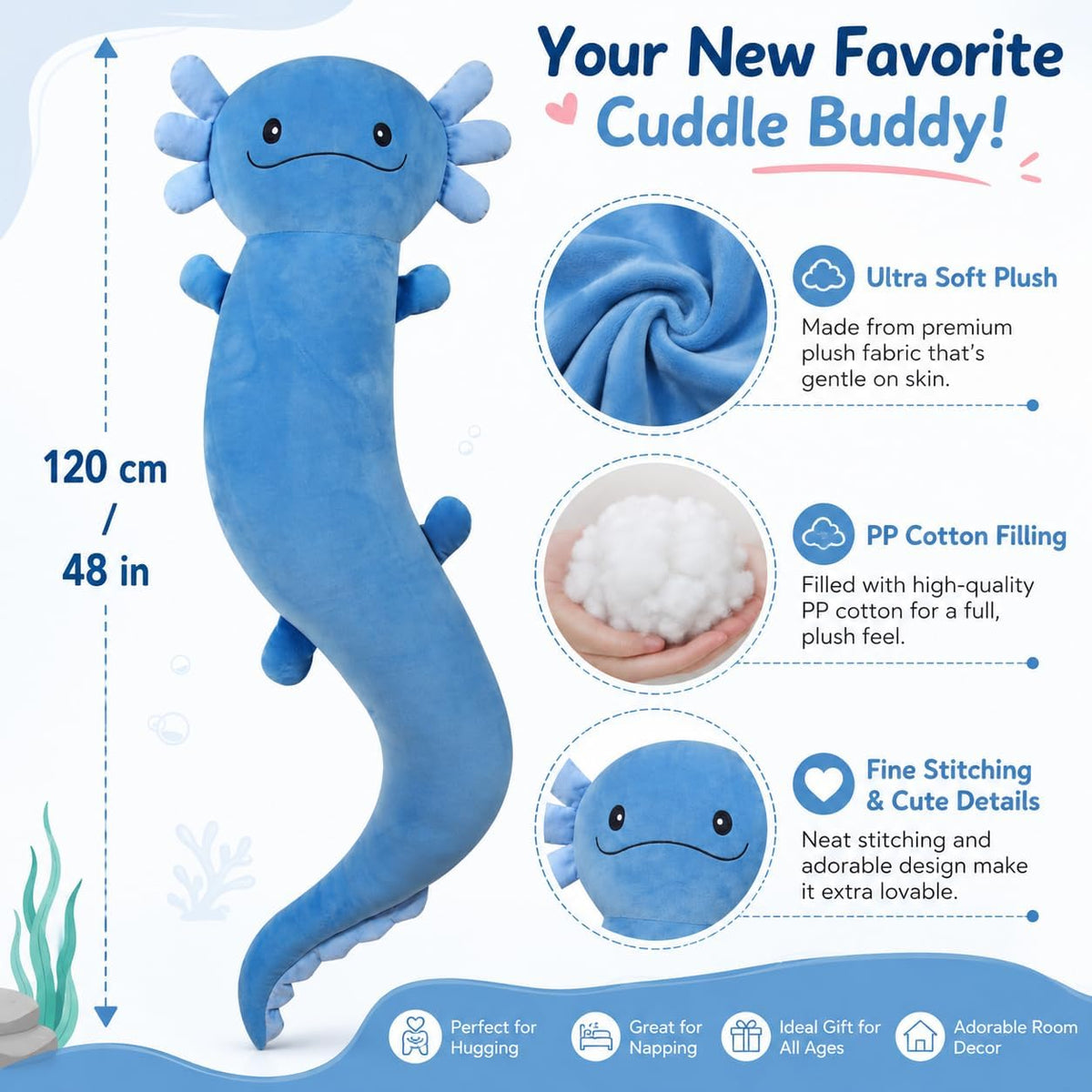 Tianmihou - Peluche gigante de axolotl de 48 pulgadas, axolotl azul...