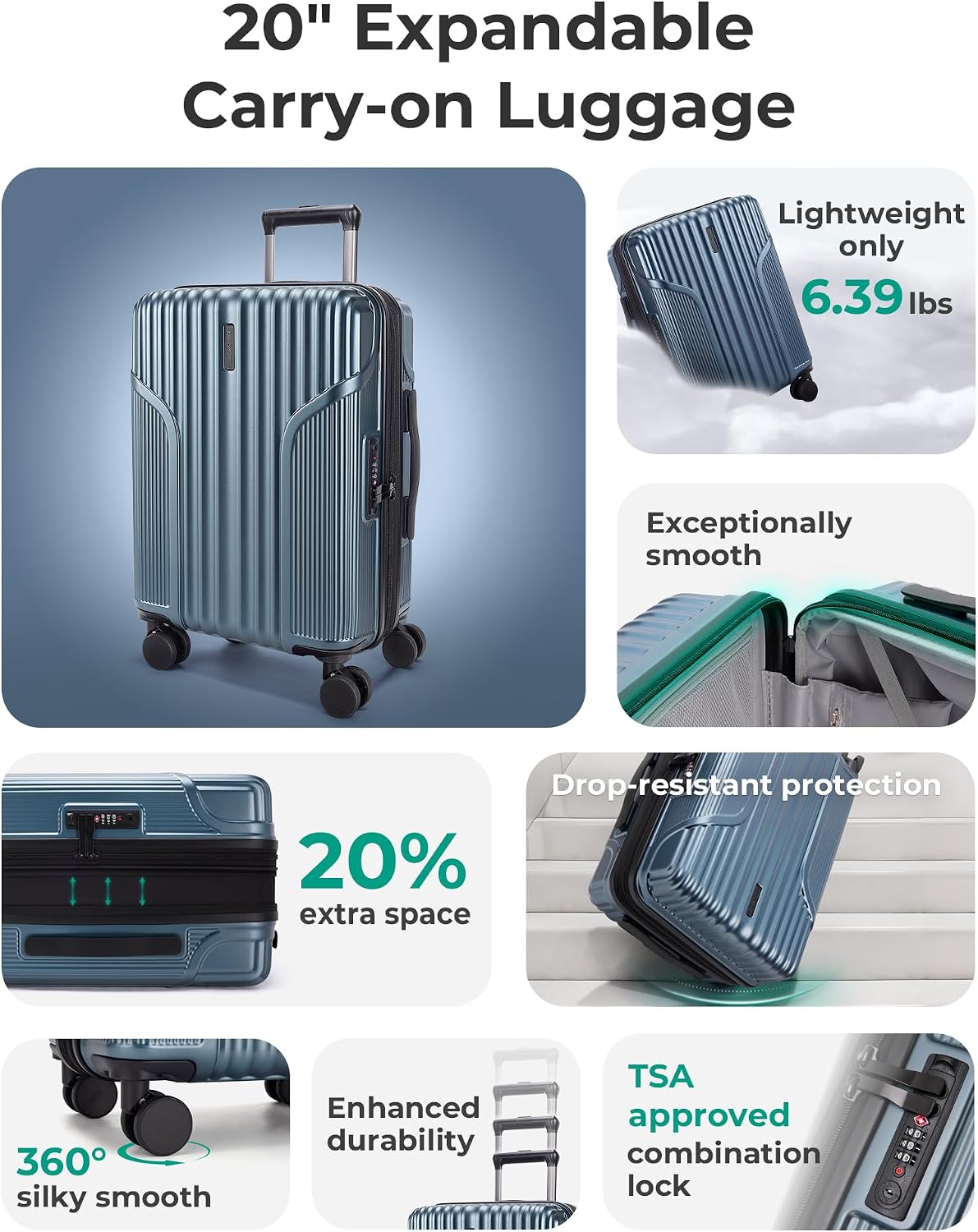 BAGSMART - Maleta de mano 22 x 14 x 9 aprobada por aerolínea, malet...