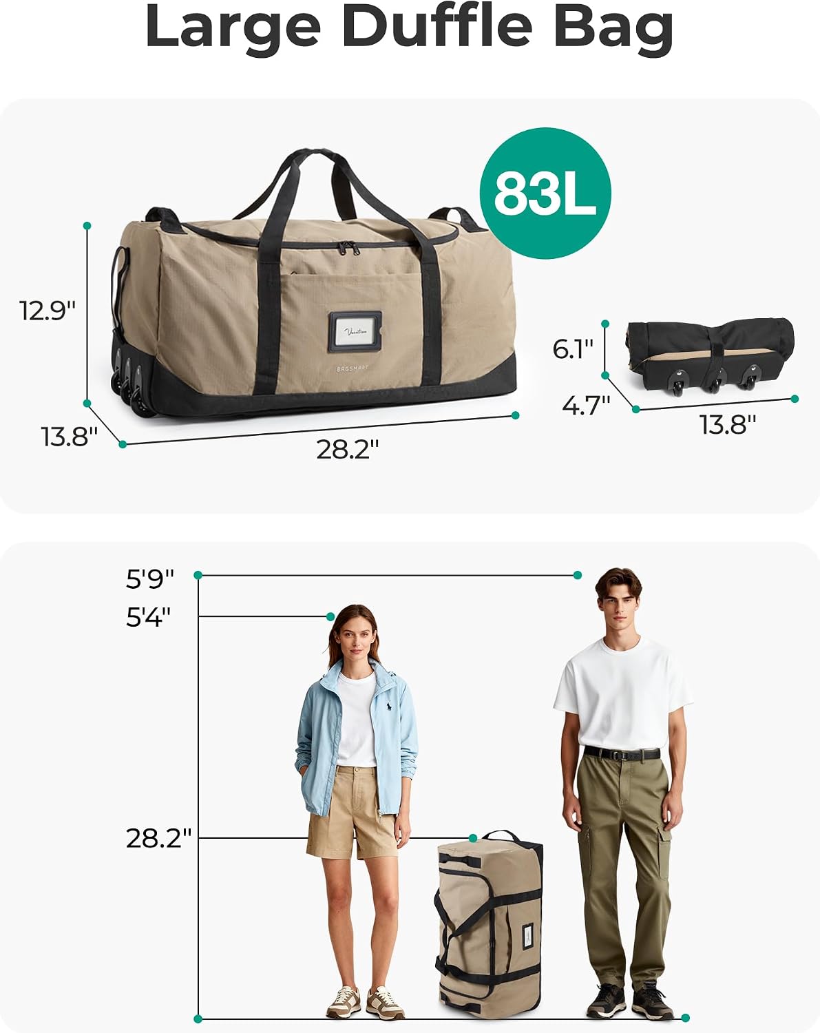 BAGSMART Bolsa de viaje plegable 83L, equipaje grande para viajes |...