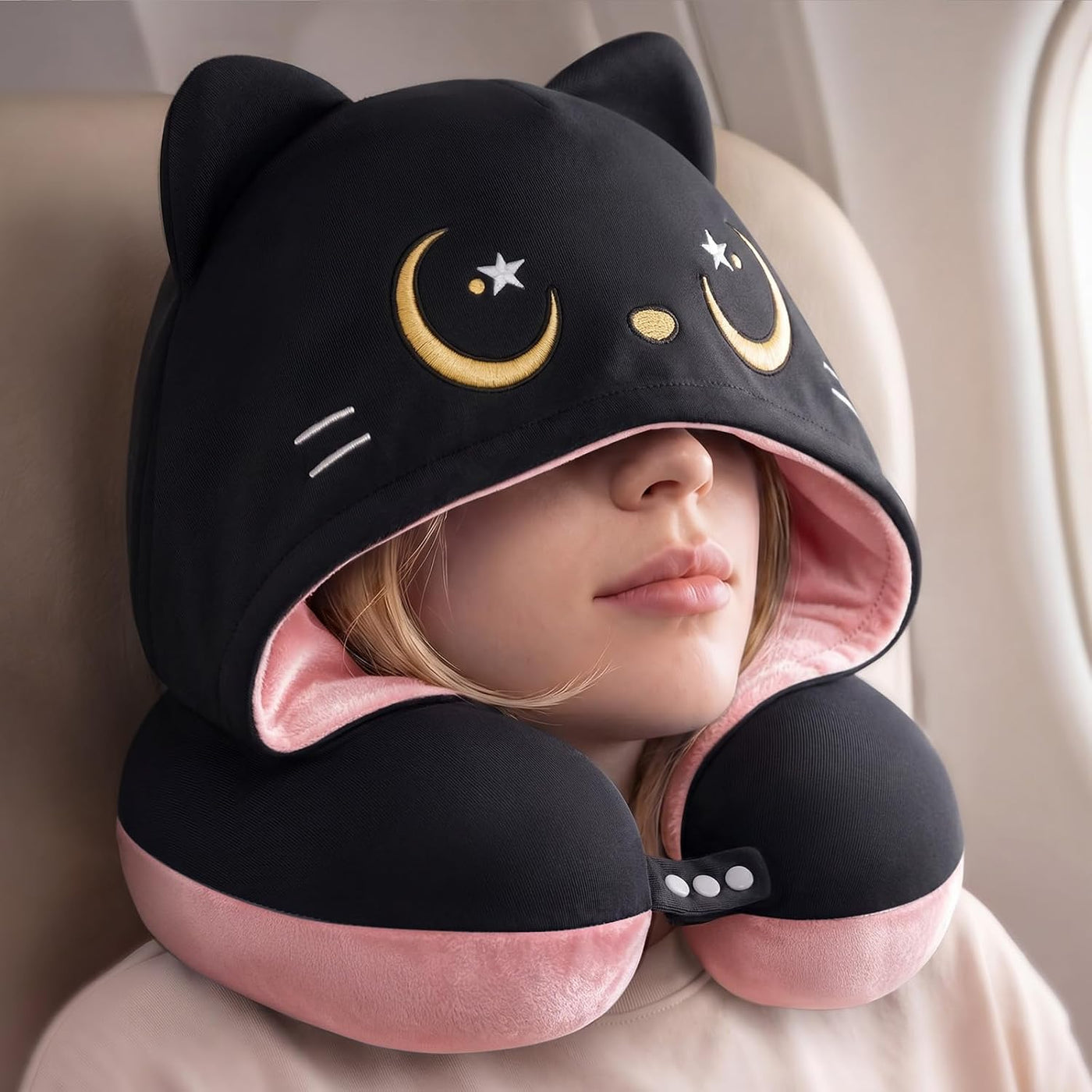 Mewaii Almohada de viaje para el cuello, almohada de avión con capu...