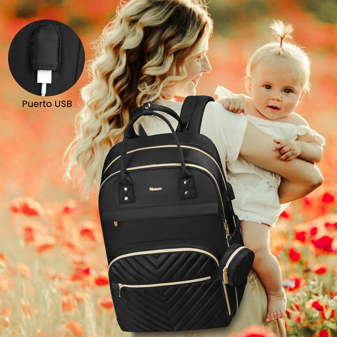 MOMUVO Mochila para pañales, bolsa de bebé acolchada con cambiador...
