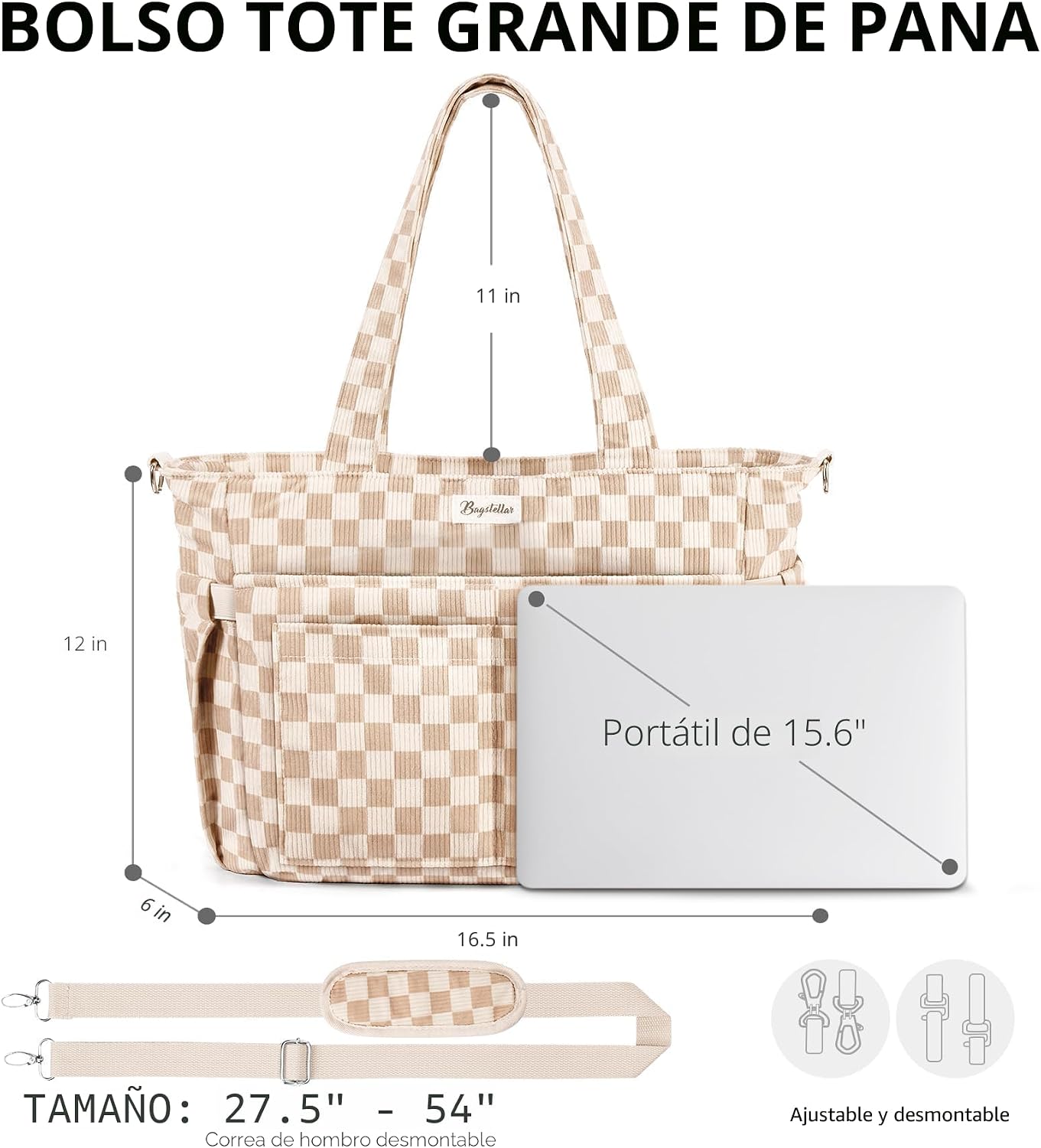 Bolsa tote de pana para mujeres, 17 bolsillos para laptop de trabaj...