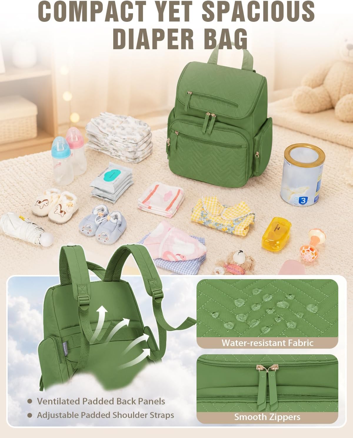 KABAQOO Mochila para pañales con cambiador y bolsillos aislados, Ve...