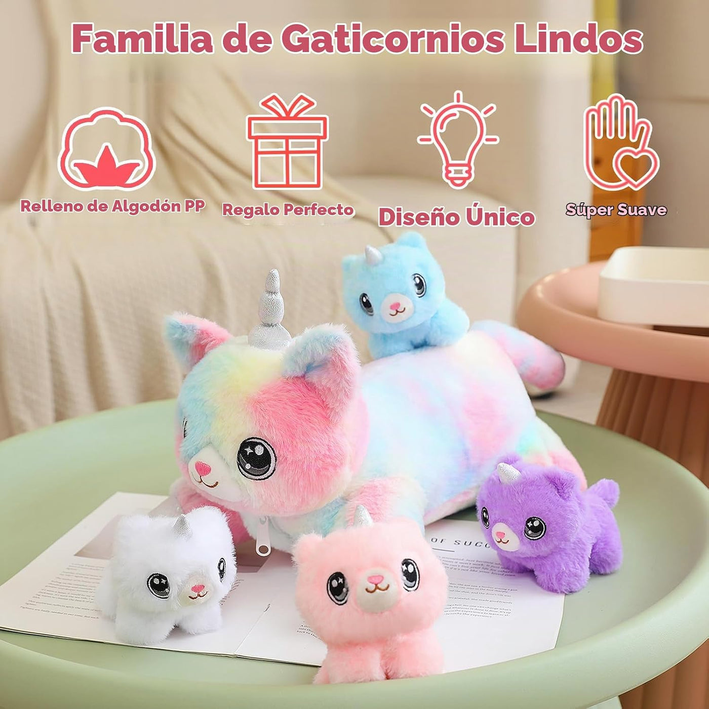 SQEQE Gato Unicornio de Peluche Mamá Gato Unicornio con 4 Lindos Ga...