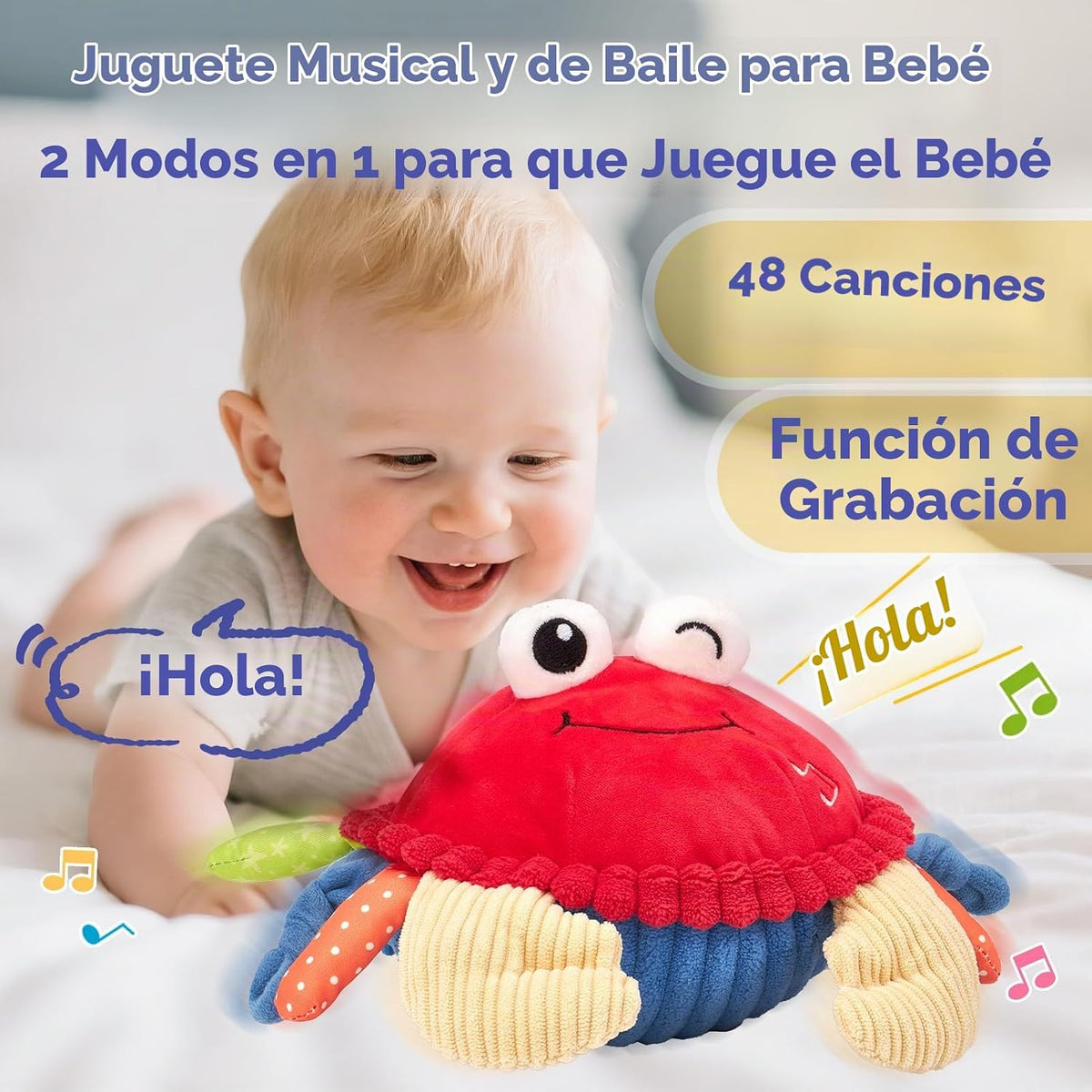 hahaland Juguete musical para gatear de cangrejo rebotante para beb...
