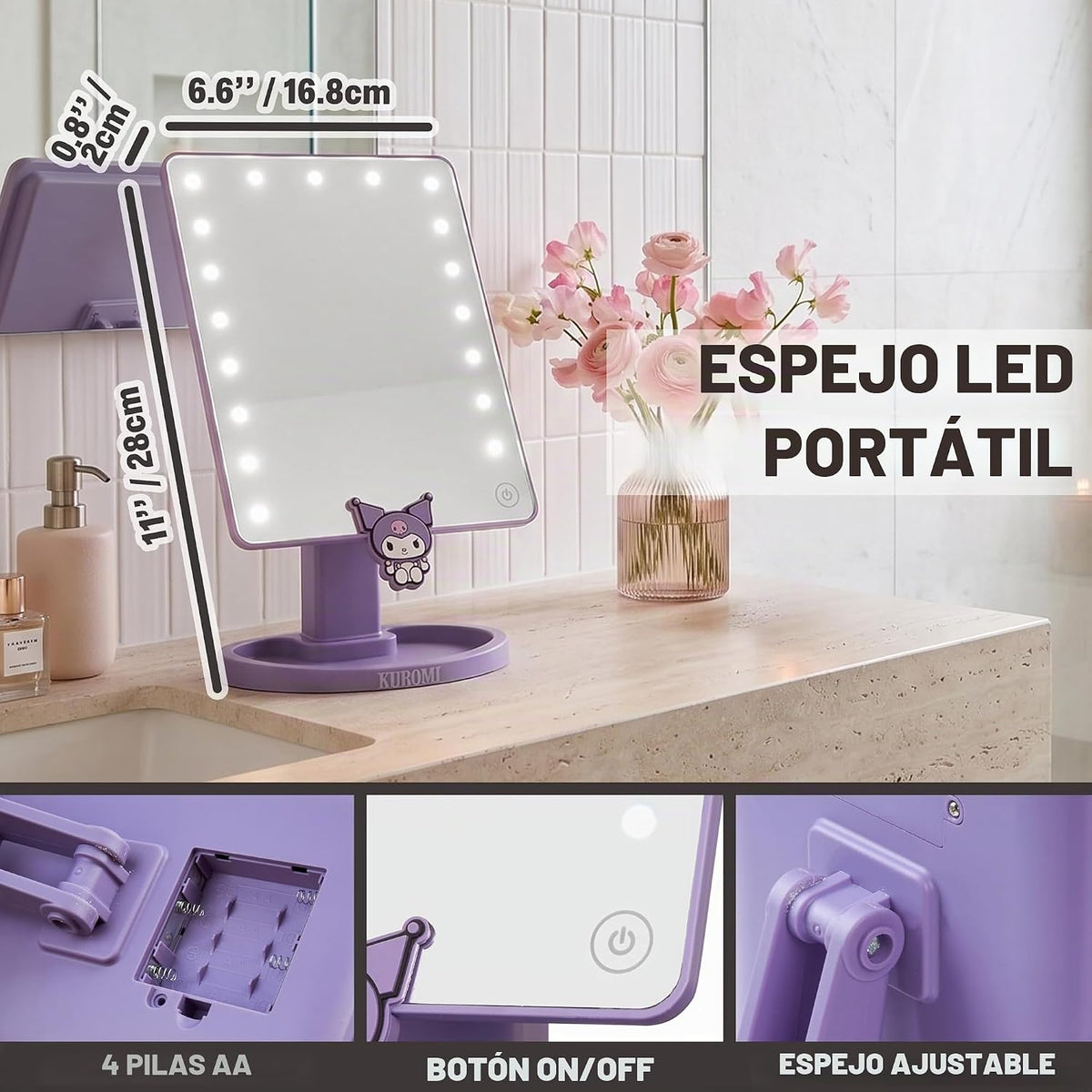 Get Trend Hello Kitty Kuromi Espejo de maquillaje para niñas con lu...