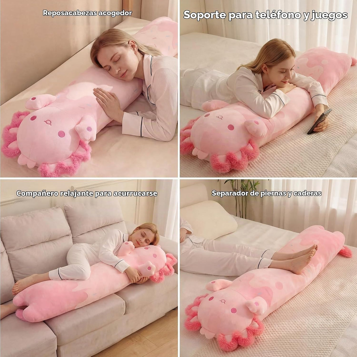 Mewaii Axolotl - Almohada corporal de felpa rosa de 43 pulgadas, re...
