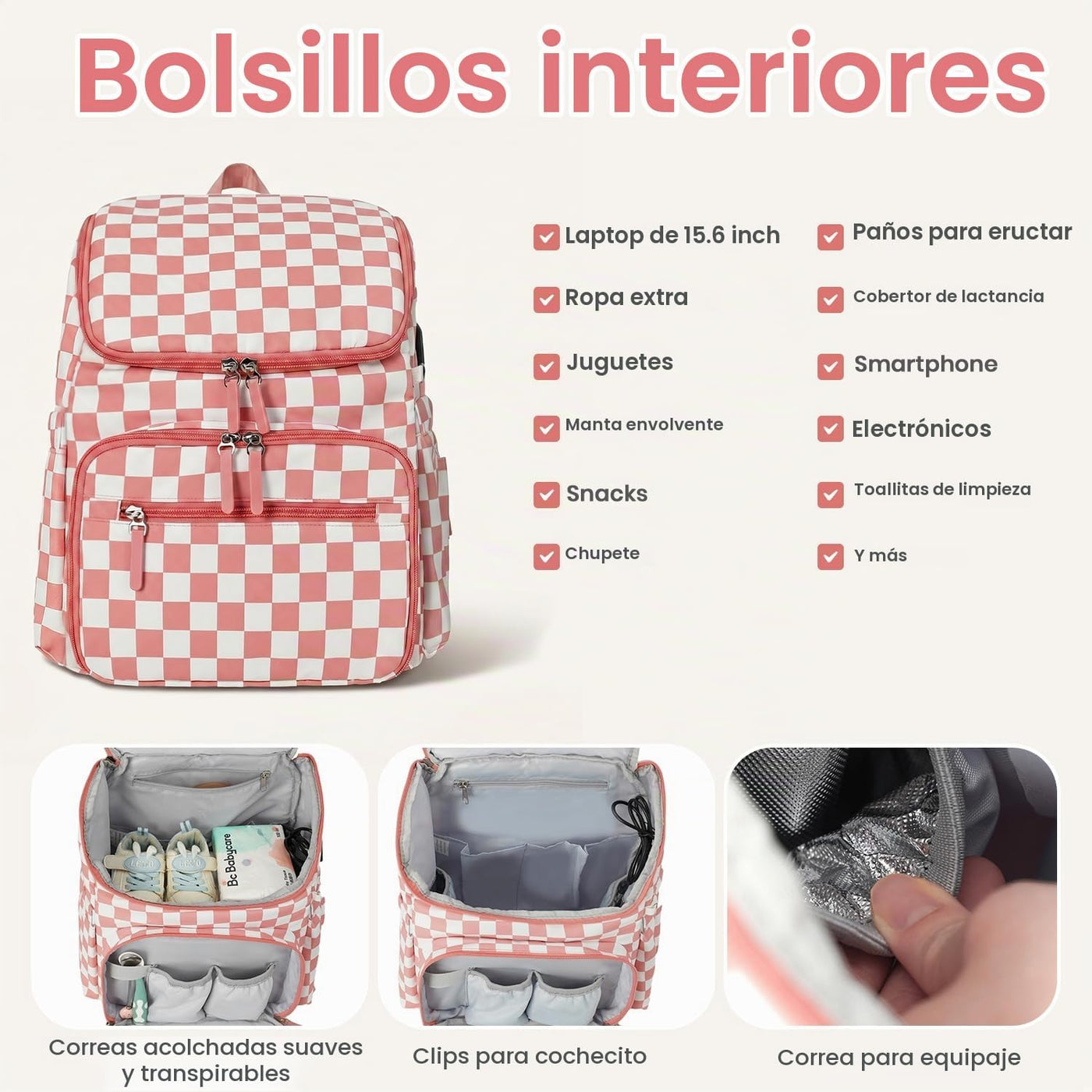 FHELAD Mochila de pañales a cuadros con cambiador y clips para coch...