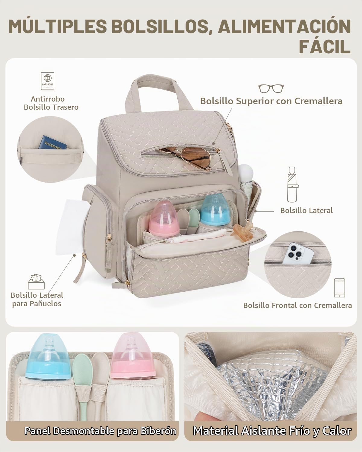 KABAQOO Mochila para pañales con cambiador y bolsillos aislados, co...
