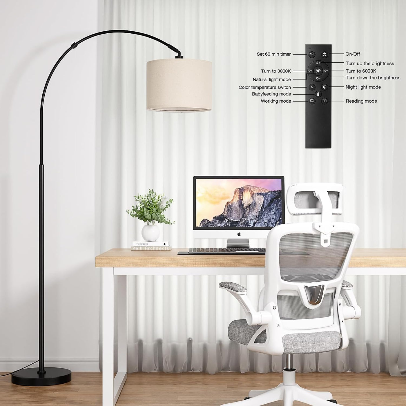 Ambimall Lámpara de pie de arco regulable de 70" con control re...