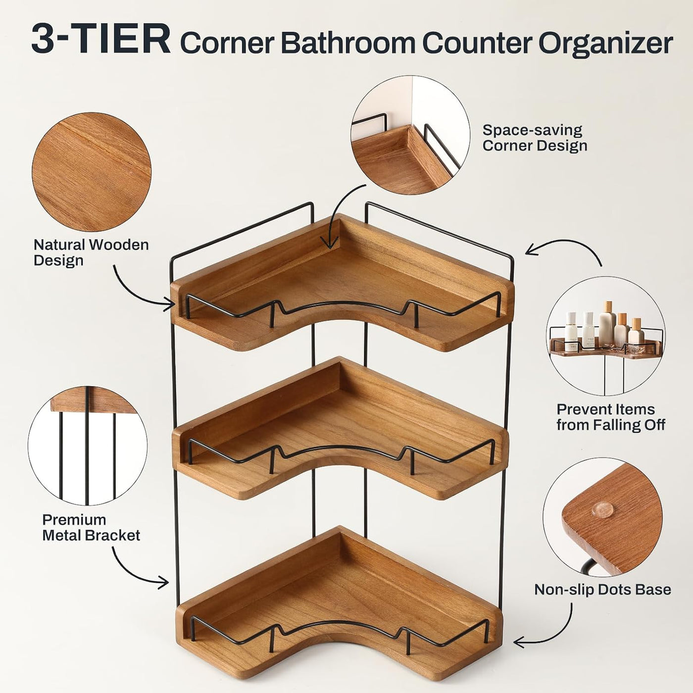 Snuvid Organizador de encimera de baño de 3 niveles, estante esquin...