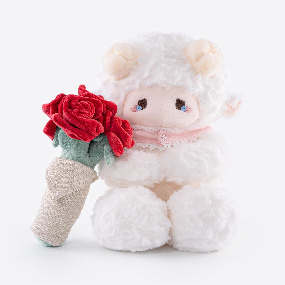 Peluche de cordero blanco de 11.4 pulgadas con ramo extraíble de ro...