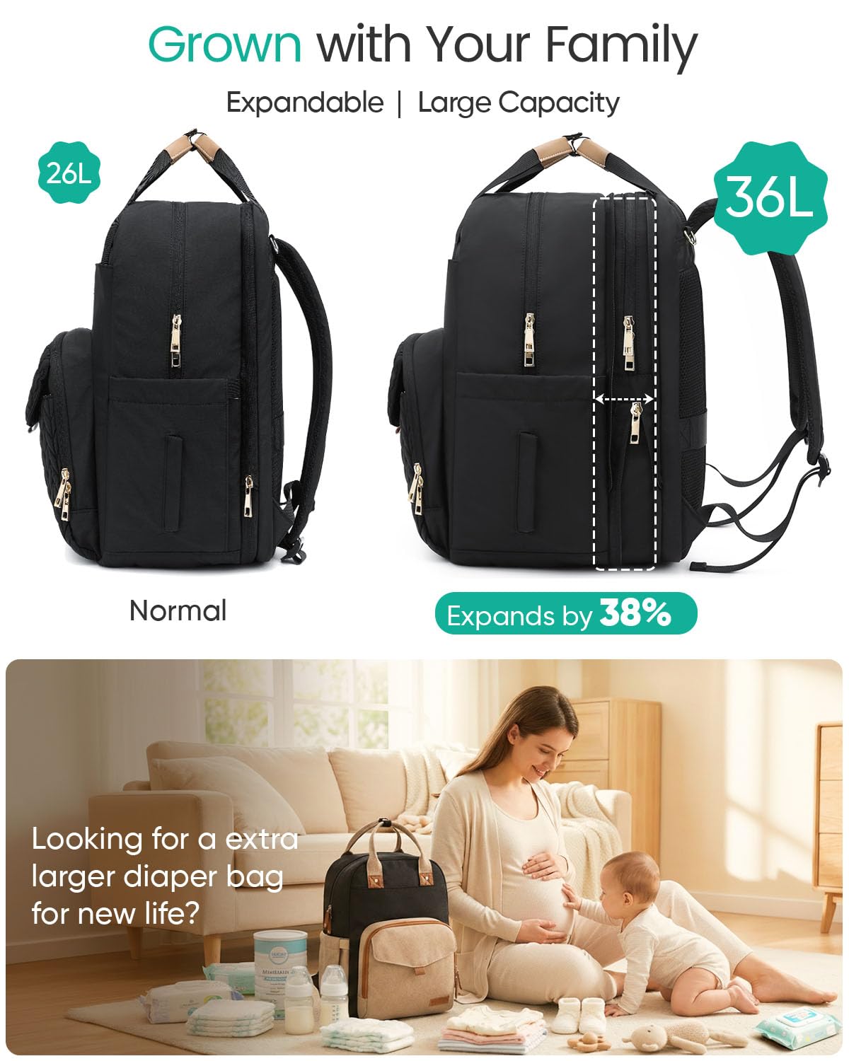 Qualyphant Mochila de pañales extragrande para 2 niños expandible 2...