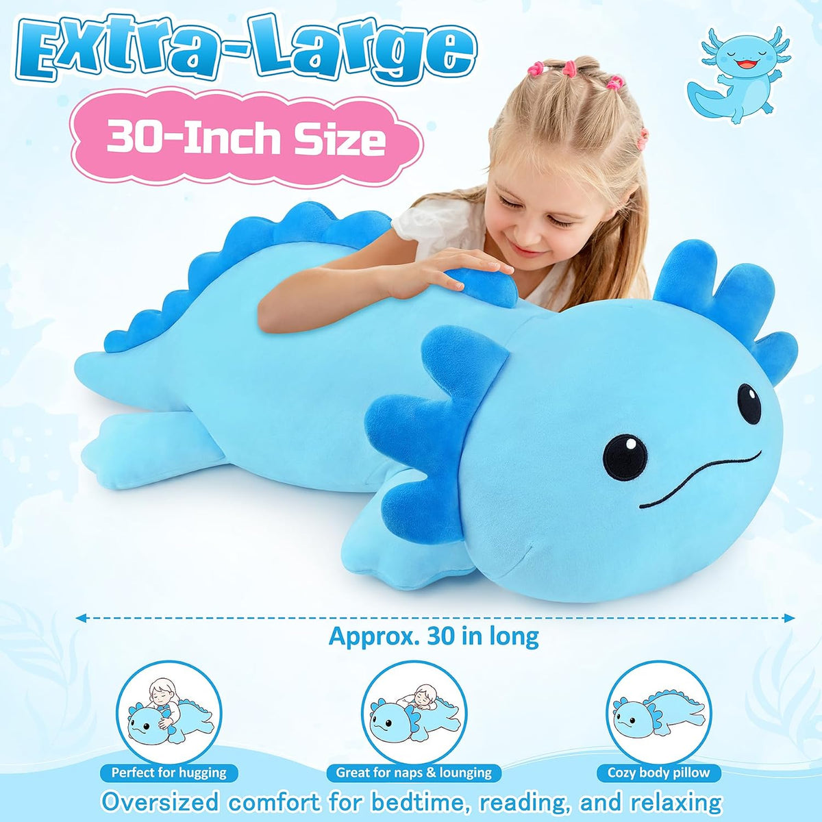 Peluche de ajolote azul gigante de 30 pulgadas, almohada de felpa d...