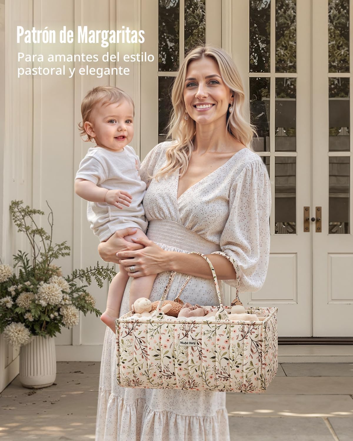 Blissful Diary Organizador de pañales con flores, elegante cesta de...