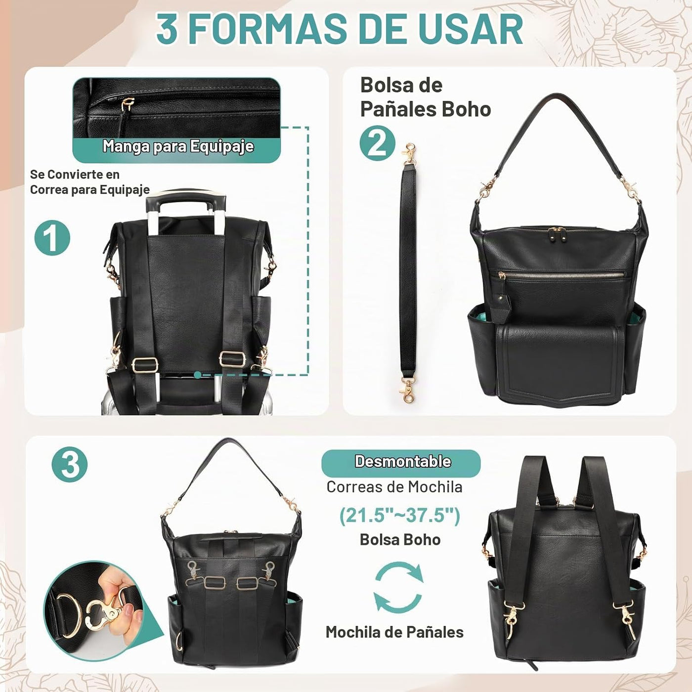 MOMINSIDE - Mochila de cuero convertible para pañales de bebé, bols...
