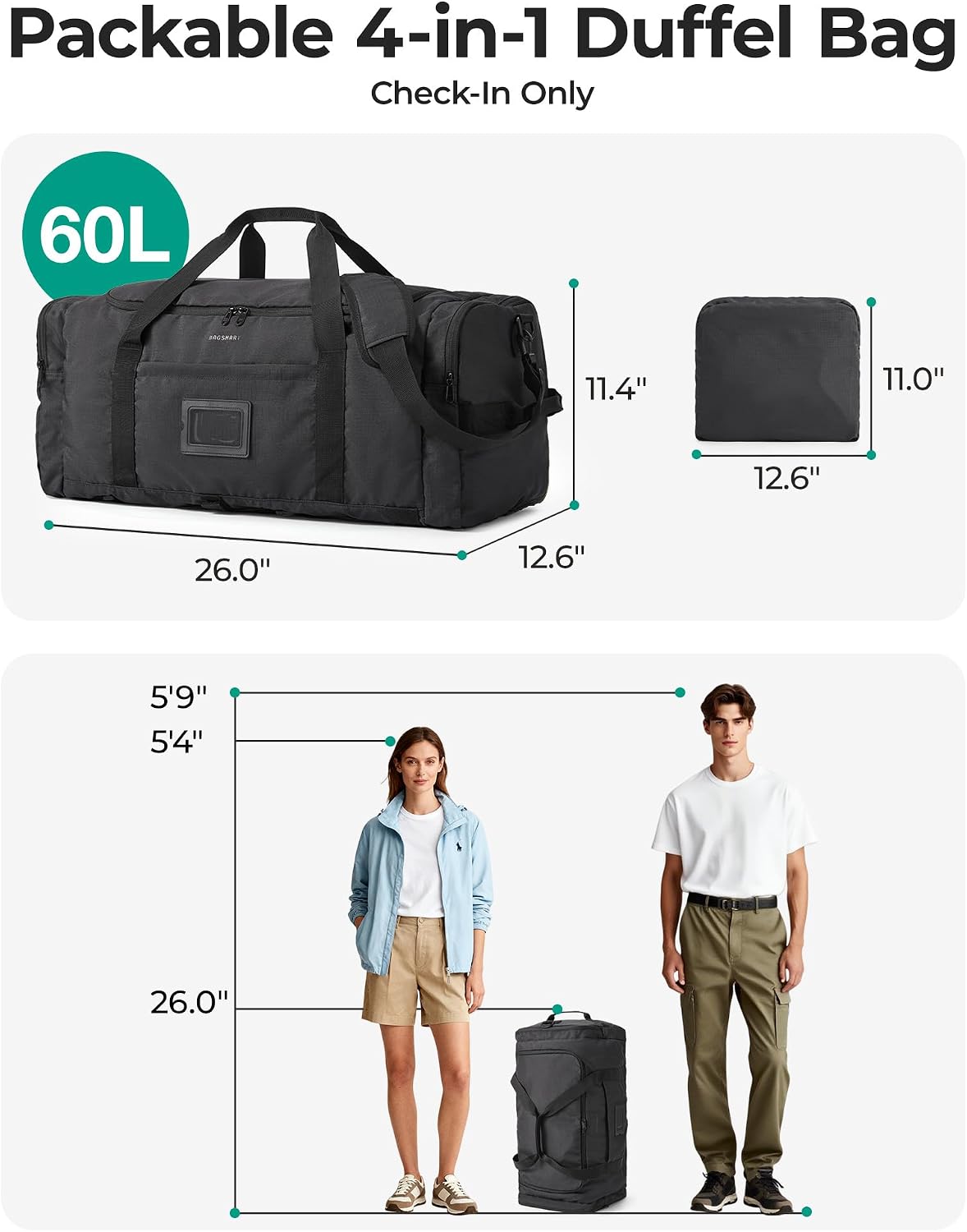BAGSAMRT - Bolsa de lona plegable de 60 litros para viajes, bolsa d...