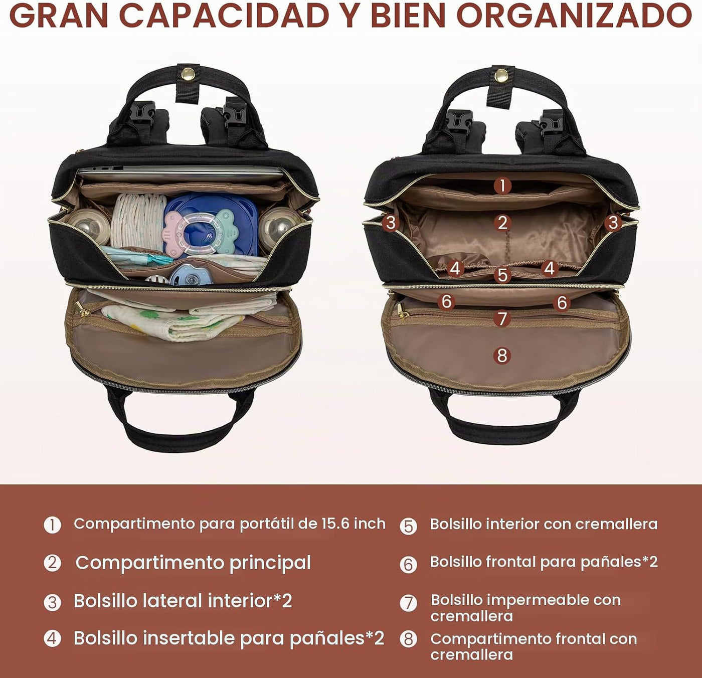 LOVEVOOK mochila para pañales de gran capacidad, Beige Marrón Negro...