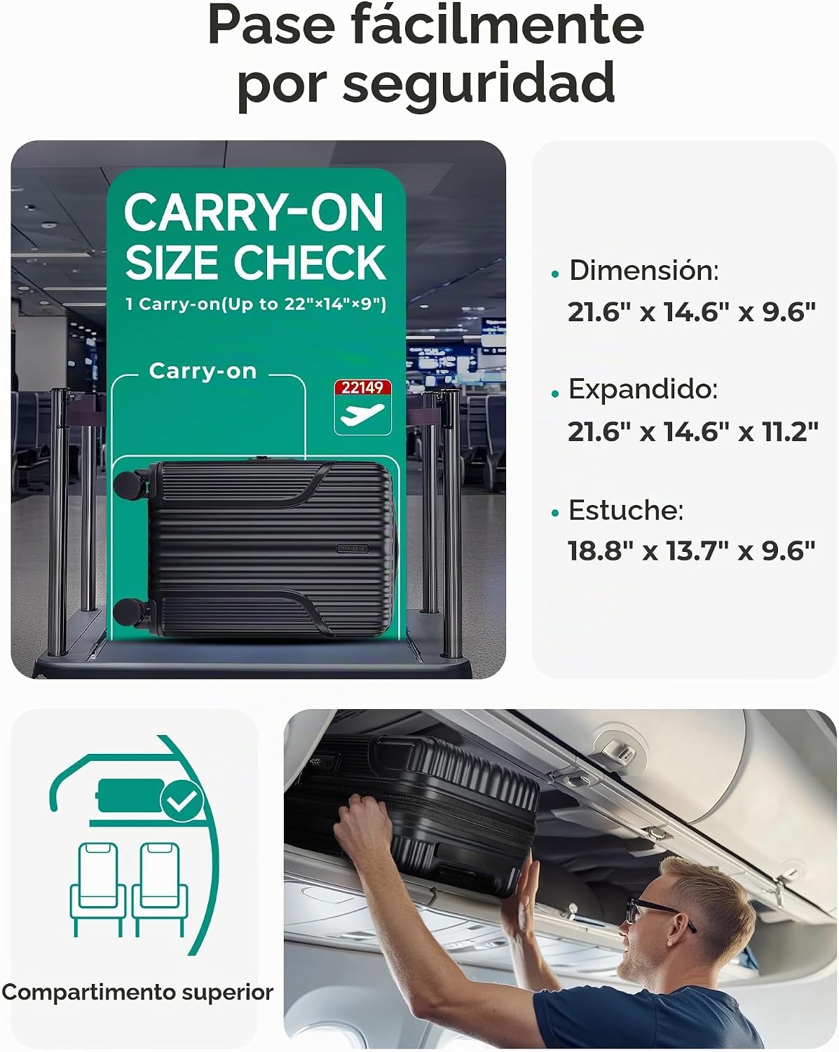 BAGSMART - Maleta de mano 22 x 14 x 9 aprobada por aerolíneas, male...