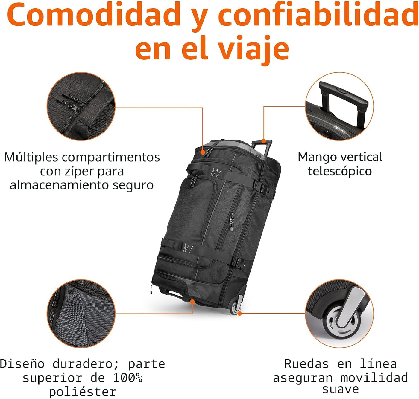 Amazon Basics - Bolsa de viaje con ruedas de Ripstop, Negro