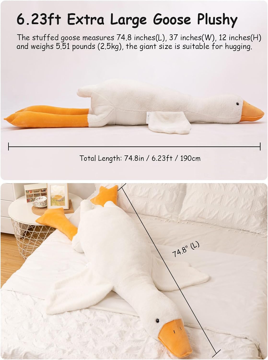 FIAEUGZKM Almohada de felpa de ganso blanco de 74.8 pulgadas, jugue...