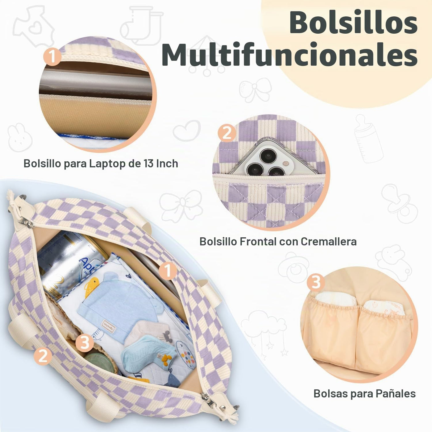 Tenot Bolsa de pañales de pana, bolsa de viaje para pañales con fun...