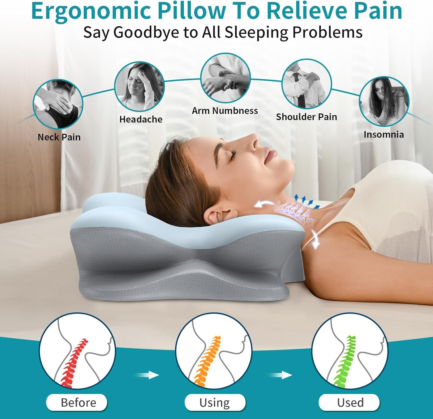 Almohada cervical para el cuello para aliviar el dolor, almohada er...