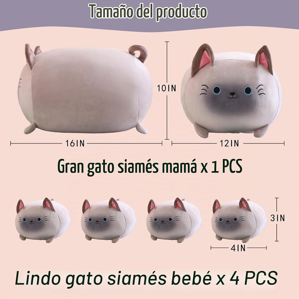 SQEQE Peluche de gato siamés, lindos animales de peluche para mamá...