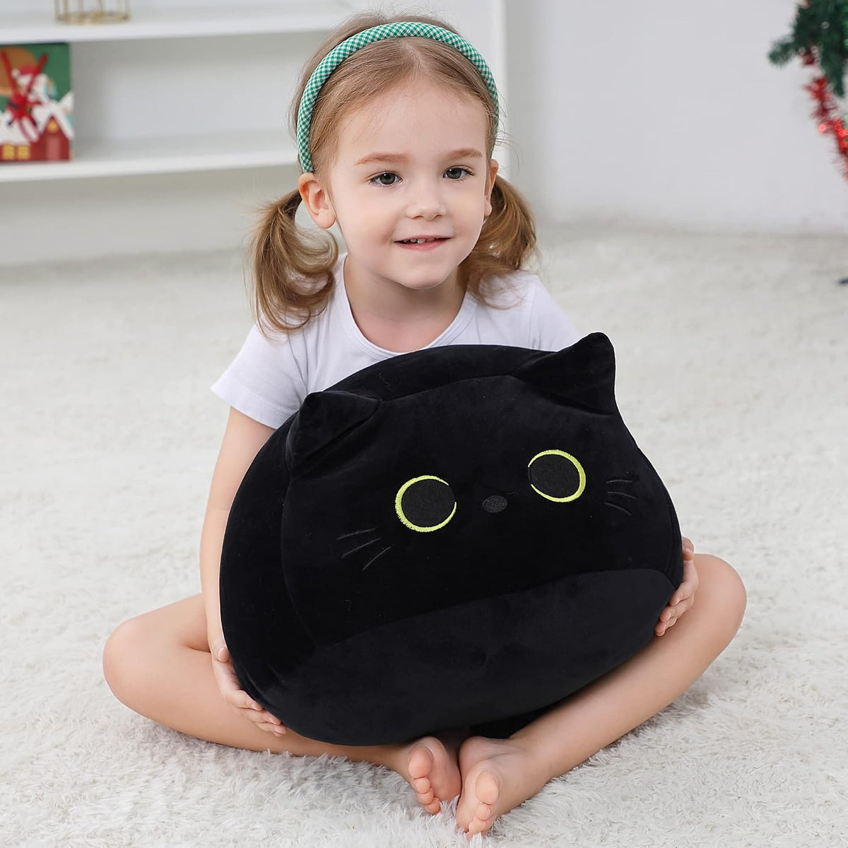 WeBingo Peluche de gato negro de 16 pulgadas, almohada de peluche d...
